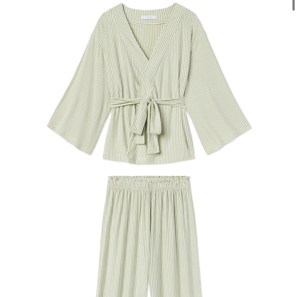 Brand New Lake Pajamas DreamKnit Kimono Pajama in Green Stripe XS